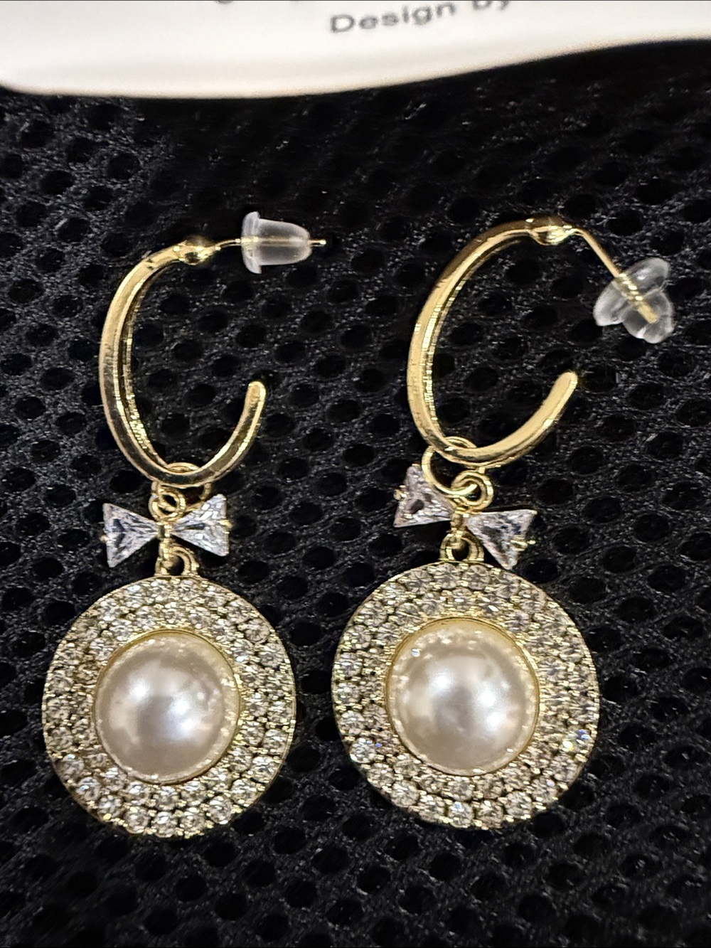 New Gold-Tone Pearl & Crystal Drop Hoop Earrings